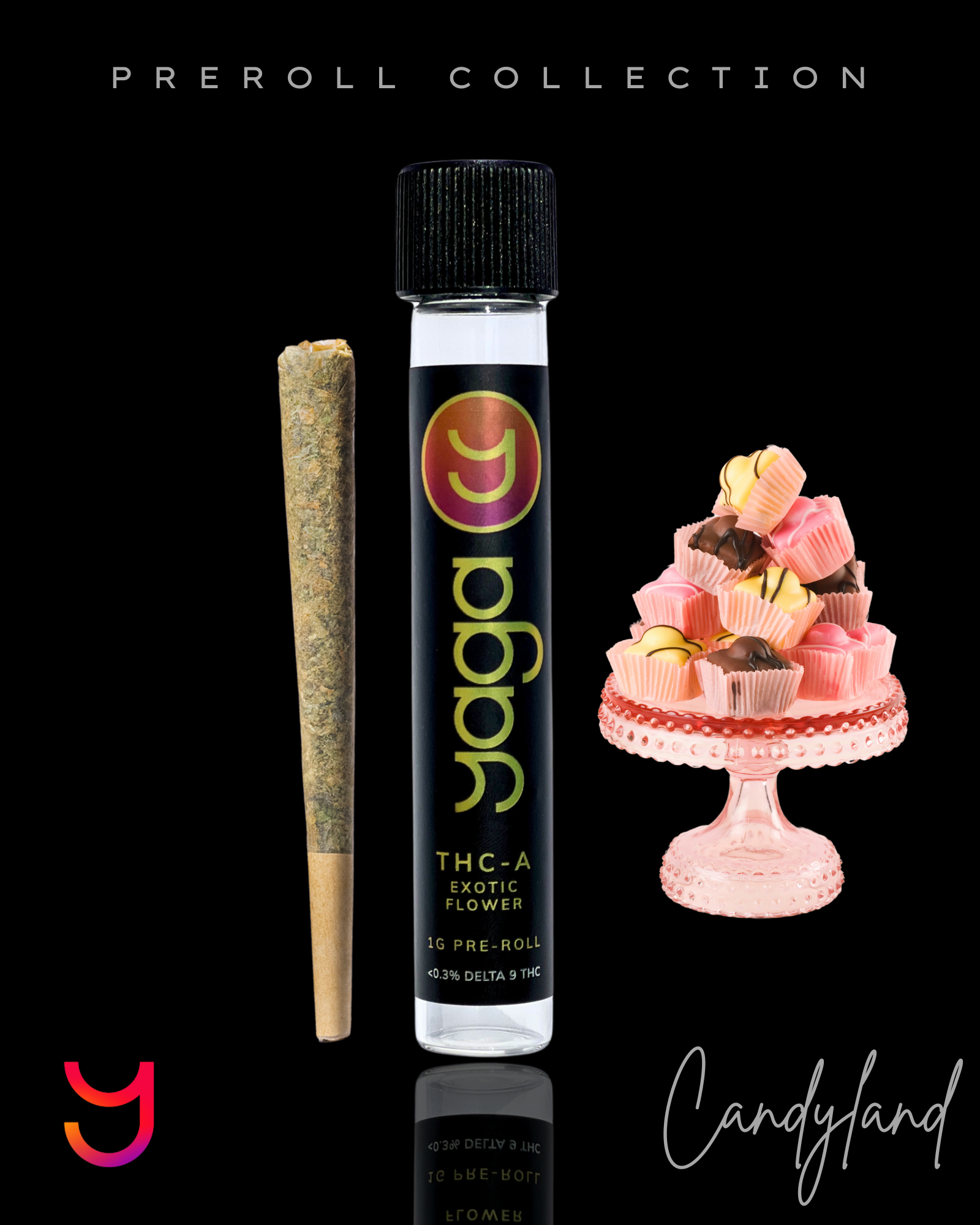 YAGA Candyland Preroll – 1g sativa Lilac Diesel THCa flower infused with sweet candy, citrus, floral, and diesel notes. 37% THCa, uplifting and energizing.