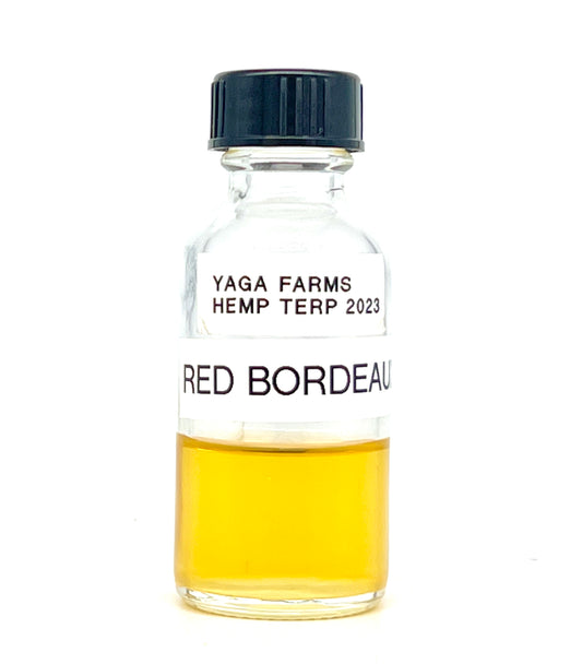 YAGA Farms Hemp Derived Live Terpenes: Red Bordeaux. An engaging image capturing the aromatic profile of Red Bordeaux terpenes, known for their premium quality and distinct fragrance.